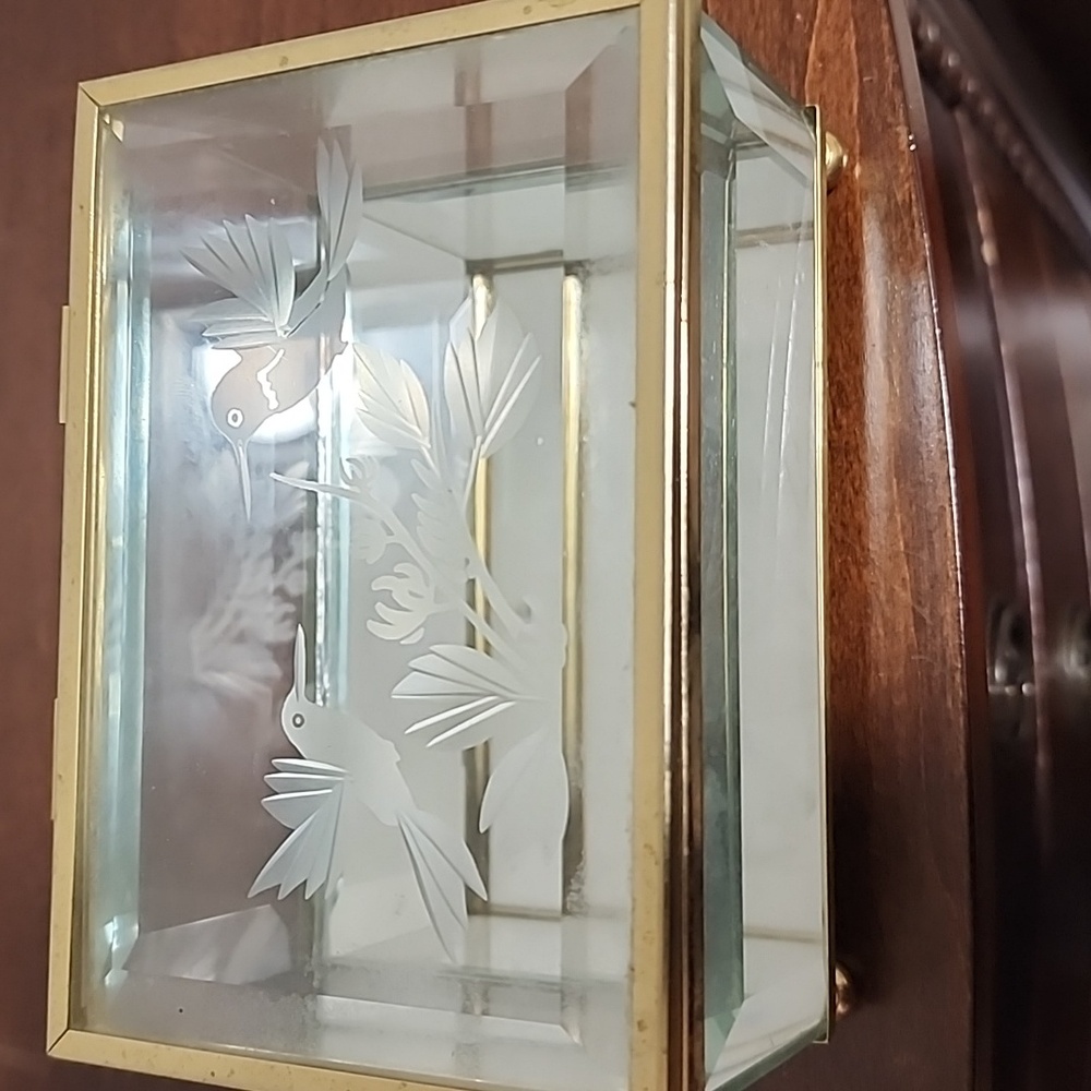 Vintage Mirrored Footed Brass Tone Hummingbird Beveled Glass Jewelry Box